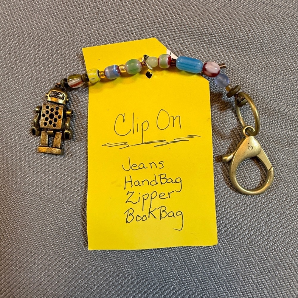 Robot Beaded Clip On Charm Keychain Zipper Pull Bag Accessory Bronze Tone Star